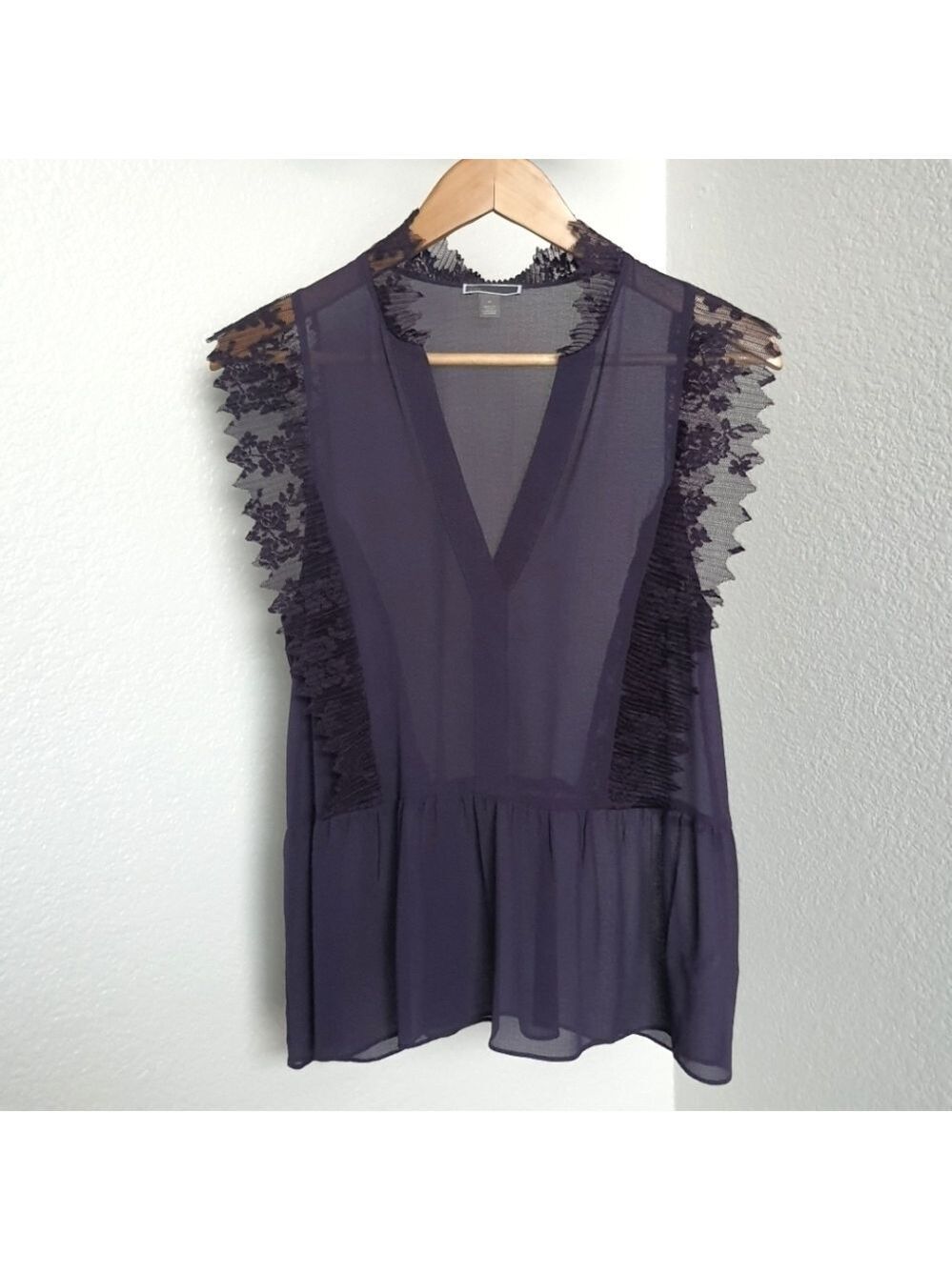 Chelsea28 Lace Trim Sleeveless Peplum Top Sheer Size Med Purple Night